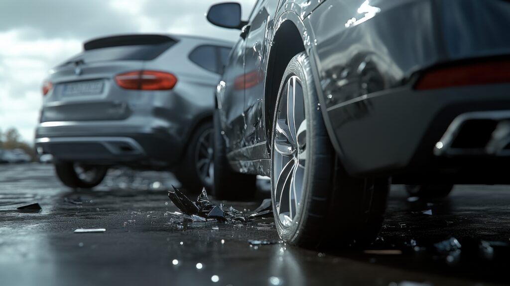 Close-up of two damaged vehicles after a collision in a parking lot, with debris on the pavement and visible side-panel damage to the foreground car.
