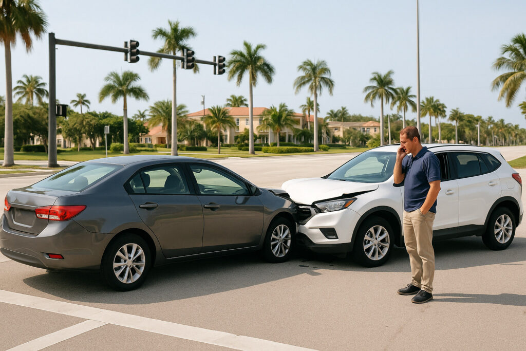 Vehicles at an intersection after a minor collision in Florida