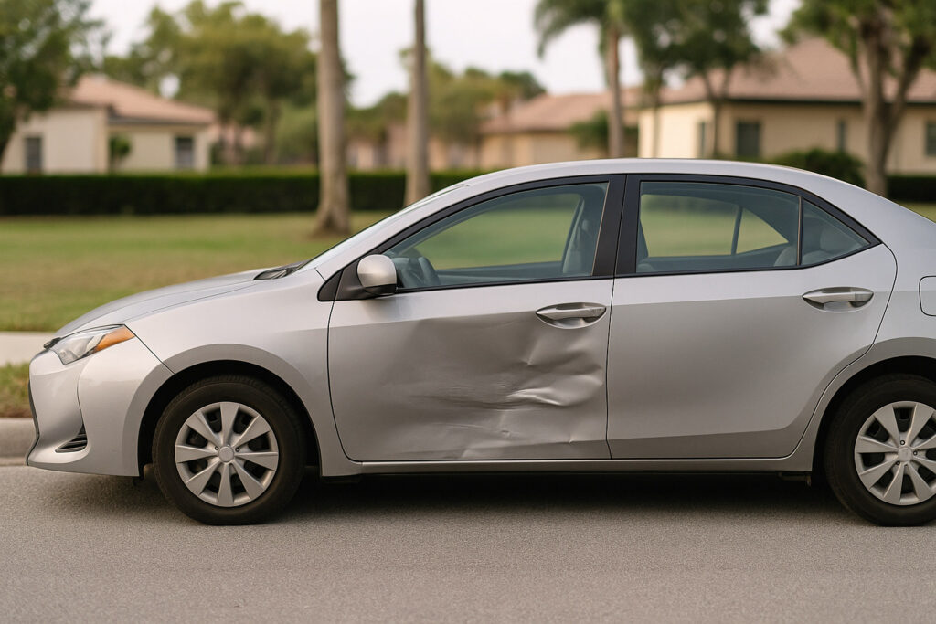 Passenger-car door panel with a modest dent after a collision in Florida