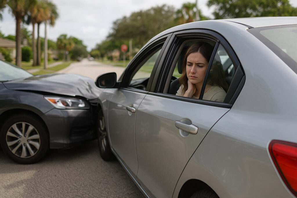 Passenger holding her neck in a car after a collision on a Florida residential street