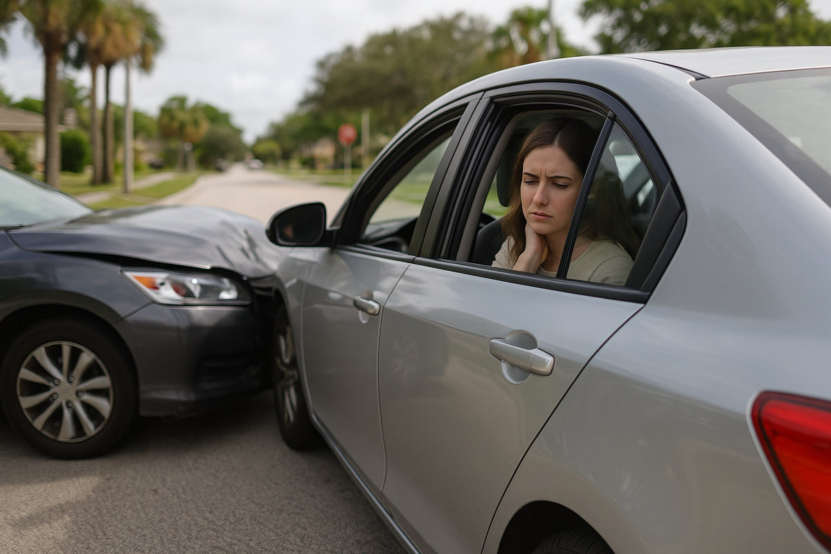 Passenger holding her neck in a car after a collision on a Florida residential street