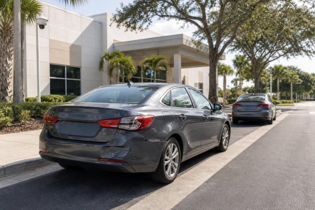 A gray sedan with visible rear-side body damage parked along a curb in front of a modern building with palm trees, with another car parked farther ahead on the