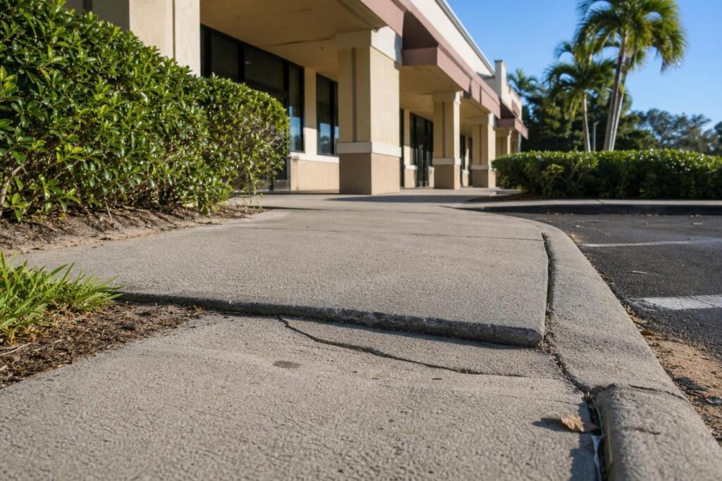 Low-angle view of a concrete sidewalk outside a strip-mall style commercial building, showing a cracked and uneven curb ramp/sidewalk edge next to a parking lot
