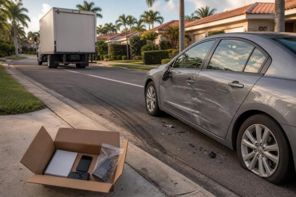 A damaged gray sedan parked along a suburban street with scrape marks on the side, a box truck driving away in the distance, and an open cardboard box on the cu